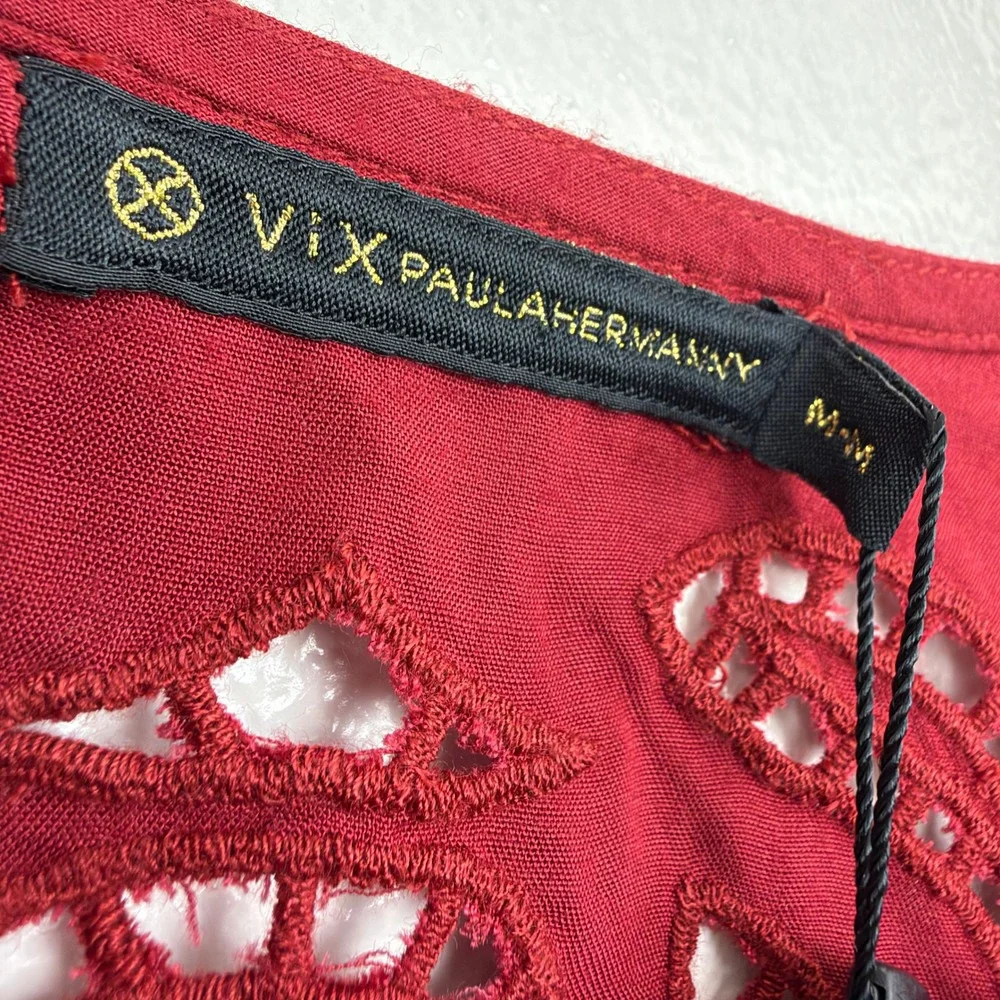 ViX Paula Hermanny Kimono Womens Medium Red Solid Embroidery Cover Up Swim